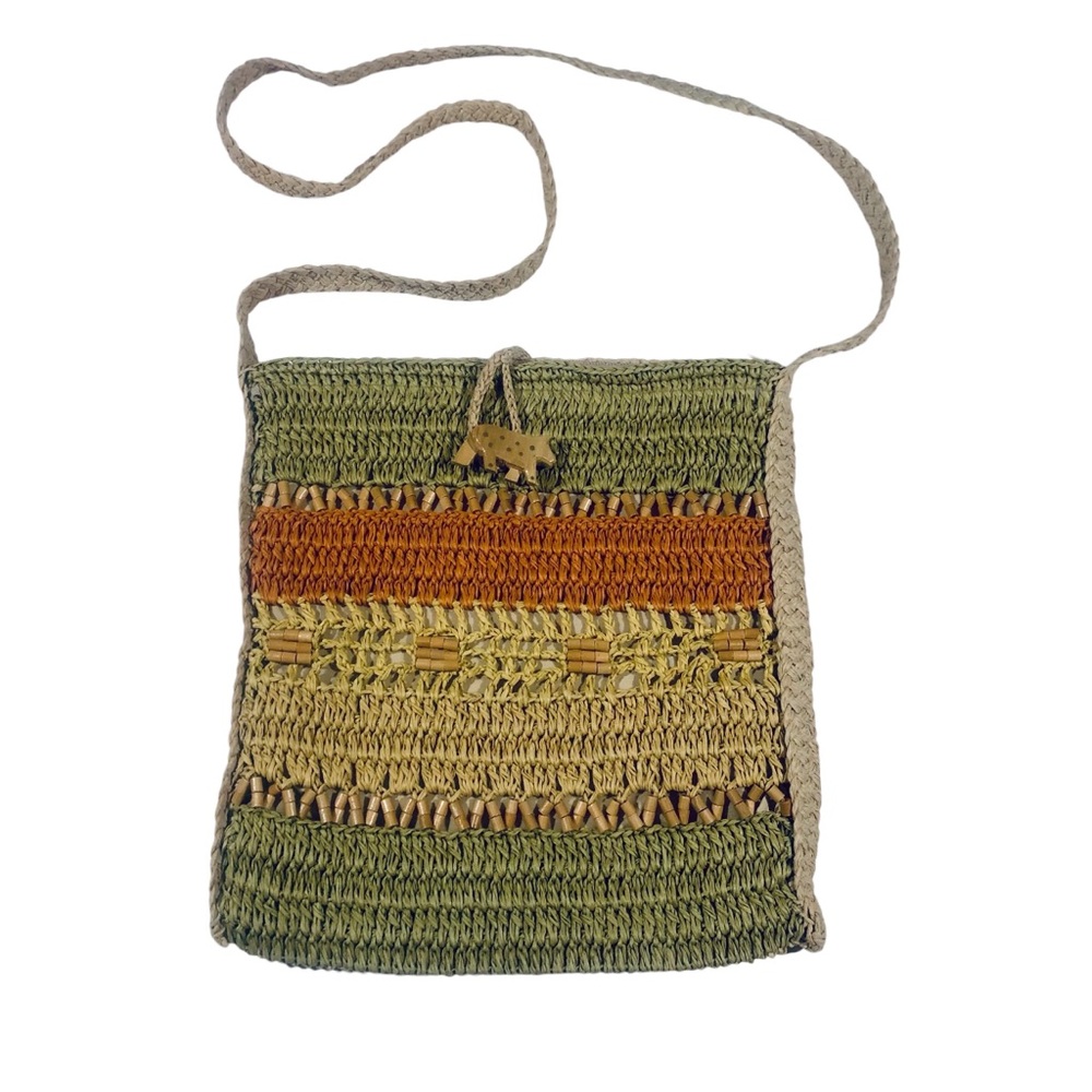 Woven straw beaded crossbody tote bag with wooden animal toggle closure boho